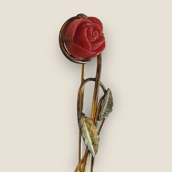 Vintage Antique Gold Metal Rose Flower Brooch Pin with Red Dimensional Bloom - Picture 4 of 11